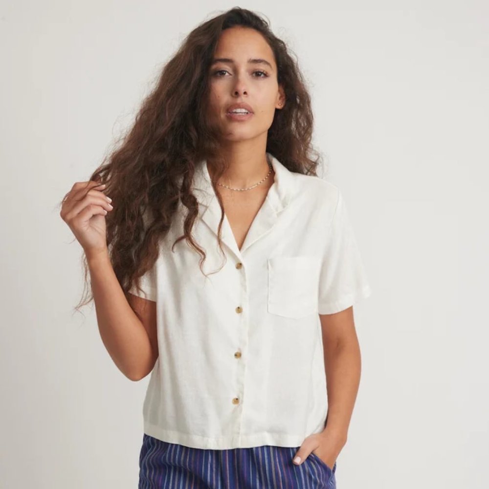 New Marine Layer Lucy hemp short sleeve resort shirt cropped boxy button down